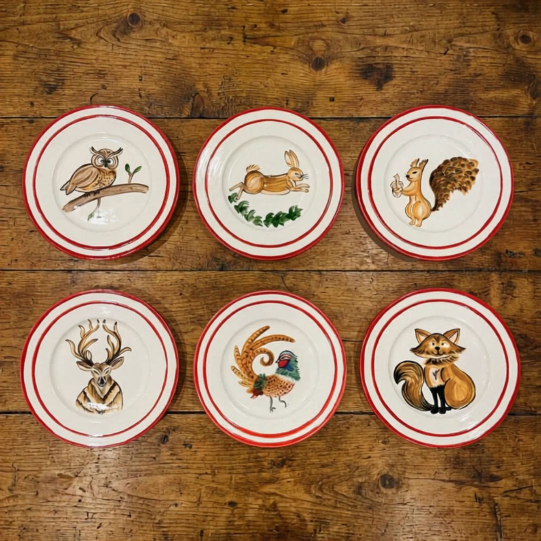 FOREST ANIMALS - SMALL ANIMALS + BIG RED BORDER PLATES (Set of 12)