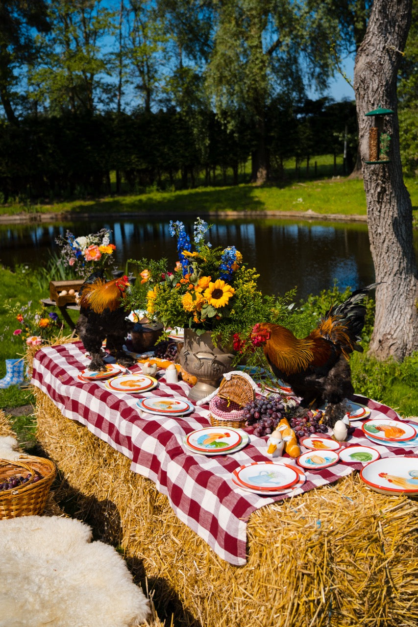 BARNYARD STORIES 🌽 — Small Roosters Only + Big Striped Plates (Set of 12)