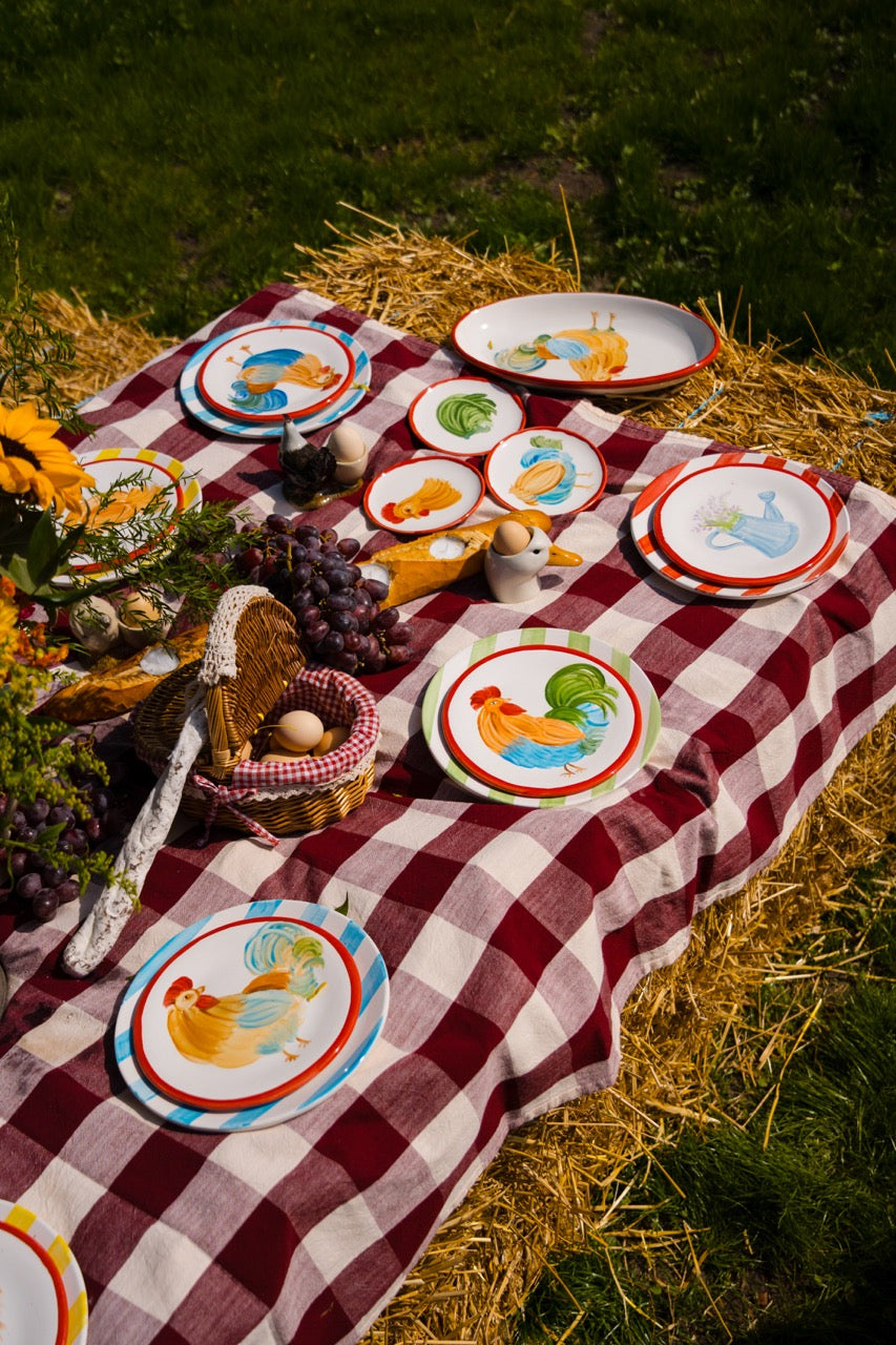 BARNYARD STORIES 🌽 — Small Roosters Only + Big Striped Plates (Set of 12)