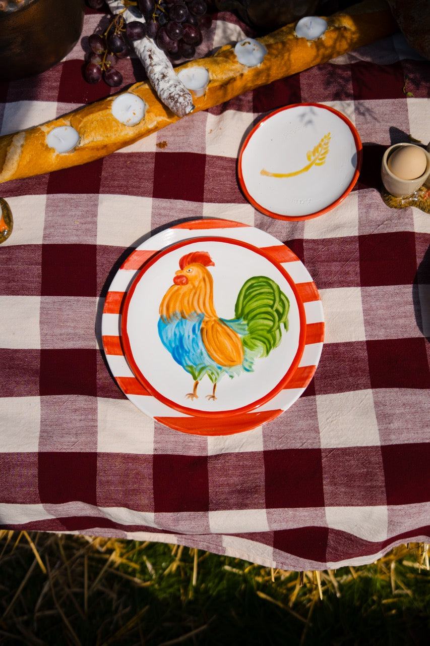 BARNYARD STORIES 🌽 — Small Roosters Only + Big Striped Plates (Set of 12)