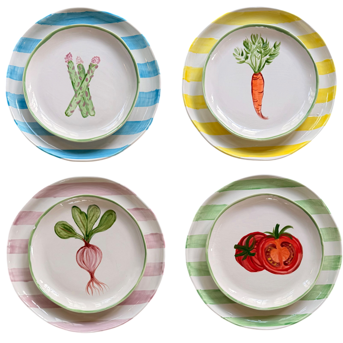 GARDEN HARVEST 🍅 — Small Vegetables + Big Striped Plates (Set of 8)
