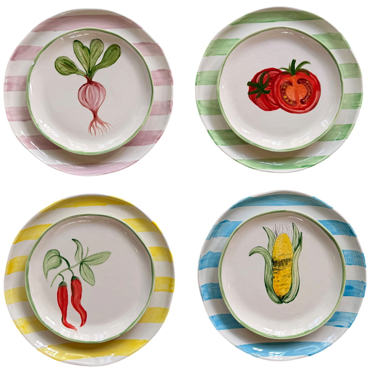 GARDEN HARVEST 🍅 — Small Vegetables + Big Striped Plates (Set of 8)