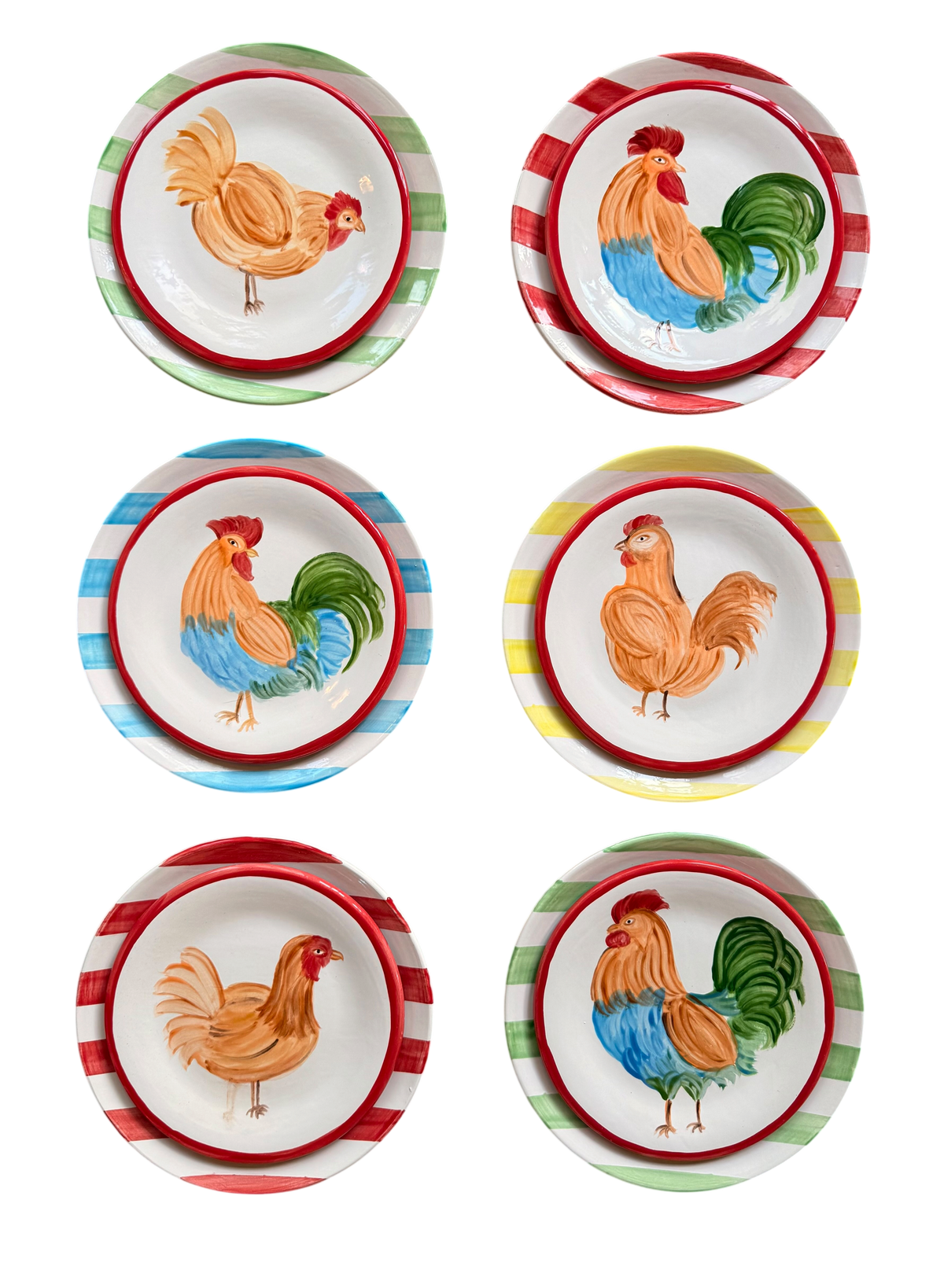 BARNYAR STORIES 🌽 — Small Chicken & Rooster + Big Striped Plates (Set of 12)
