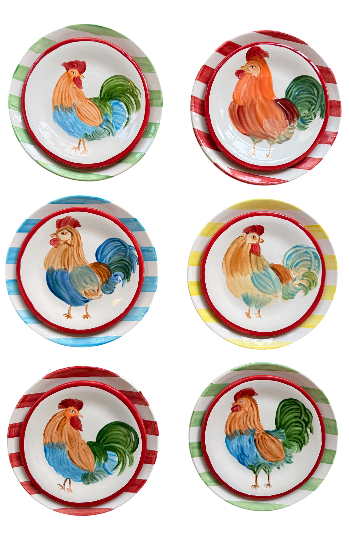 BARNYARD STORIES 🌽 — Small Roosters Only + Big Striped Plates (Set of 12)