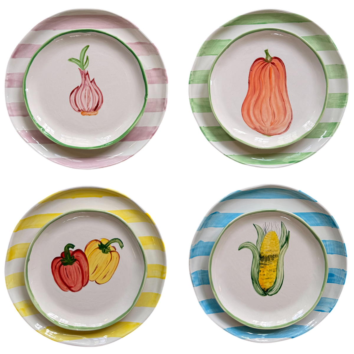 GARDEN HARVEST 🍅 — Small Vegetables + Big Striped Plates (Set of 8)