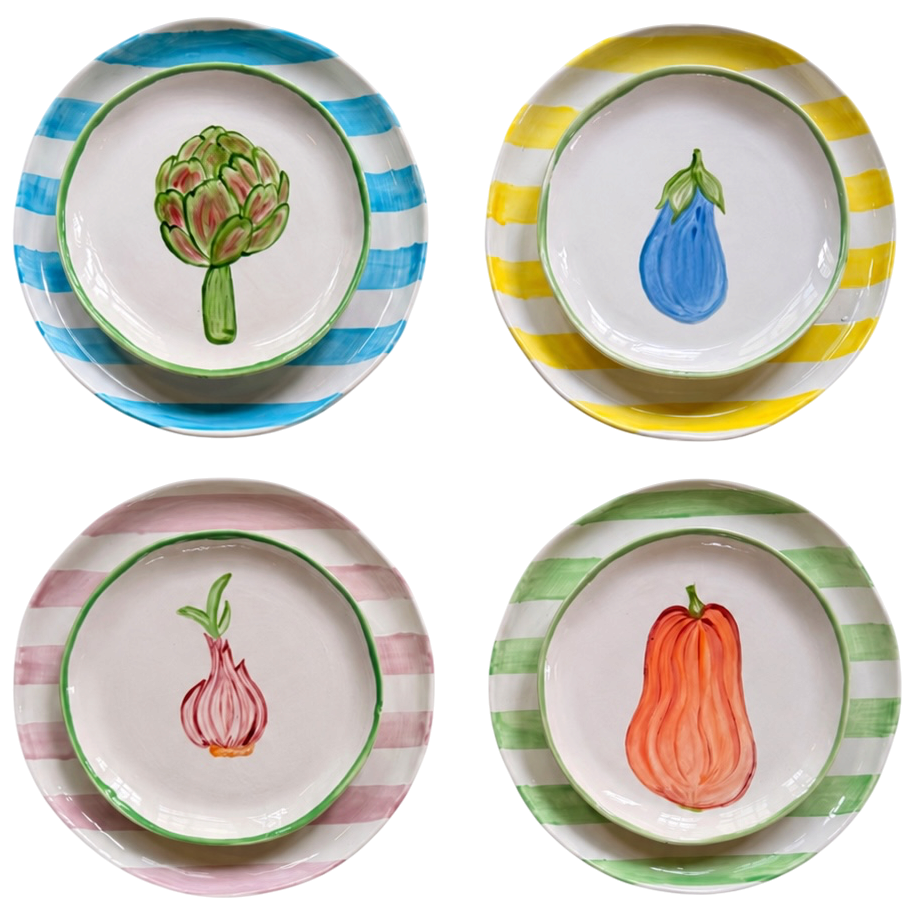 GARDEN HARVEST 🍅 — Small Vegetables + Big Striped Plates (Set of 8)